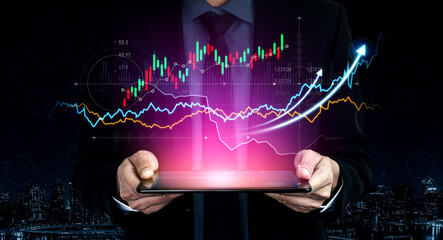 Businessman analyzing stock market trends using tablet, showcasing vibrant financial graphs and data against a night city backdrop, symbolizing success. Scalp