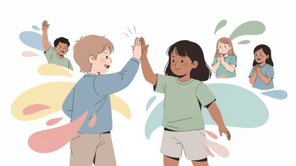 Obraz premium Illustration of two children high-fiving with colorful abstract shapes and other kids in the background on a white background with a playful mood.