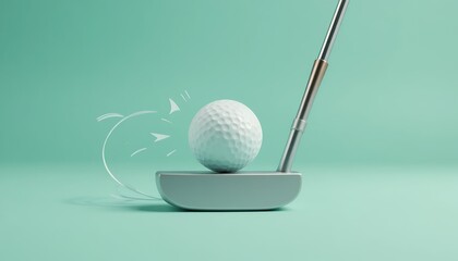 Minimal mint studio still life of a golf putter and ball on a putting surface