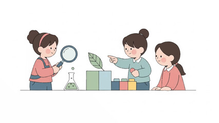 Fototapeta premium Three young girls engaging in a science experiment with a magnifying glass and various equipment on a table against a clean white background with a playful and educational mood.