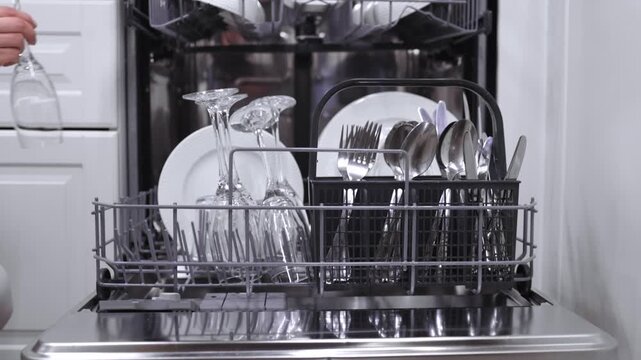 Caucasian woman places a white towel into a washing machine, then adds more laundry, demonstrating the process of loading laundry for washing in a modern laundry room