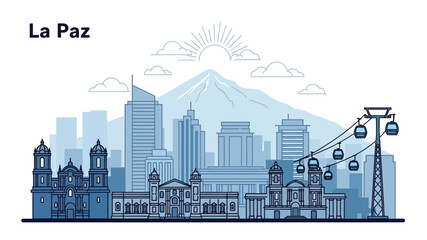 Fototapeta premium Dynamic Cityscape Illustration with Cable Car System, Diverse Architecture, and Majestic Mountains at Sunrise