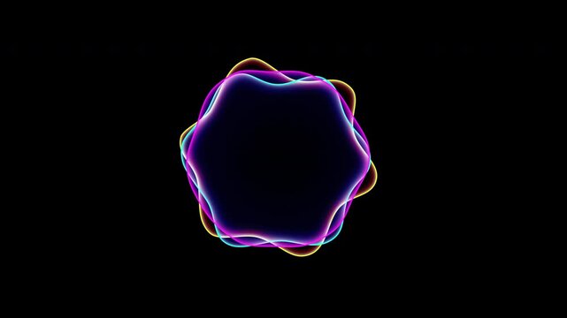 Multicolored neon lines forming vibrating circular sound waves for voice activated smart assistant on black background 4K