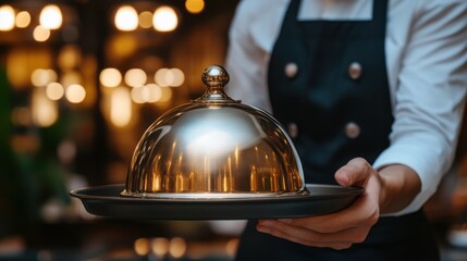 Chef serving food under cloche in restaurant