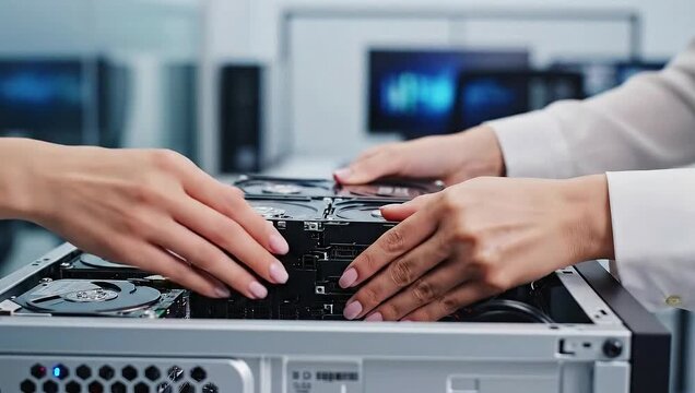 Server Maintenance - Hands Installing Hard Drives in Data Center.