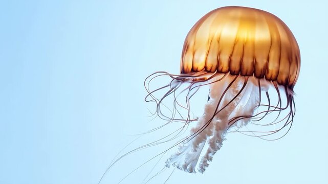 Floating Beauty: A mesmerizing jellyfish drifts effortlessly, its delicate form and flowing tentacles create a captivating underwater ballet against a serene, light blue backdrop.