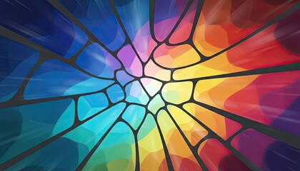 Vibrant Abstract Spectrum Radiating From Center With Geometric Dark Lines Forming Cells and Streaks Of Light In Multiple Colors Blue Red Yellow Purple Orange