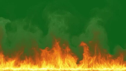 Realistic wall of fire flames burning on green screen background with rising smoke - Powered by Adobe