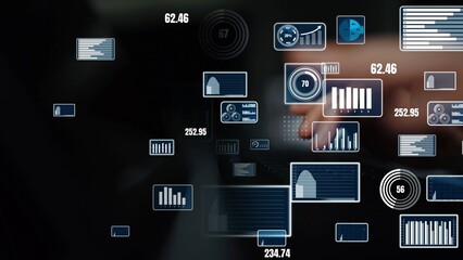 Explore a modern digital workspace featuring a collection of data visualization elements and analytics displayed on a sleek, dark background, showcasing innovation. Xenic