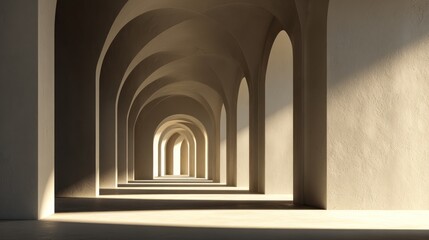 Obraz premium Rendered interior scene featuring a series of arched openings, bathed in warm light