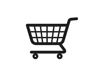 A simple, dark gray shopping cart pictogram on a solid black field