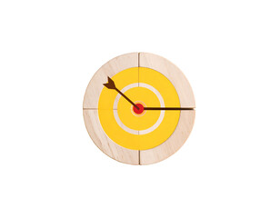Arrow hits the red bullseye of a wooden target with yellow rings