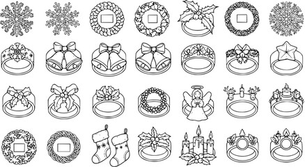 Fototapeta premium Detailed Christmas Holiday Line Art Icons Set with Festive Rings, Snowflakes, Wreaths, Bells, Angels, Candles, and Stockings