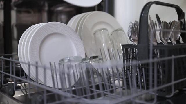 Dishwasher loading process with white plates, glasses, and cutlery arranged in the rack, showcasing the systematic organization of kitchenware for efficient cleaning