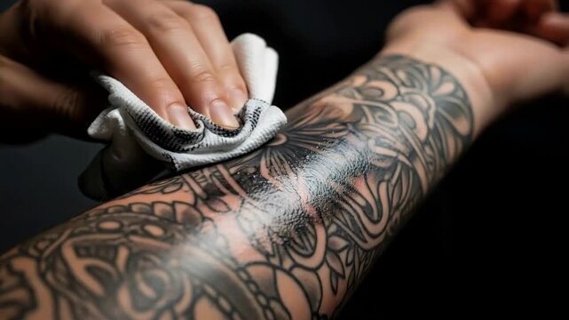 Woman wiping fresh blackwork tattoo on forearm for aftercare. Body art maintenance, hygiene, and healing process.