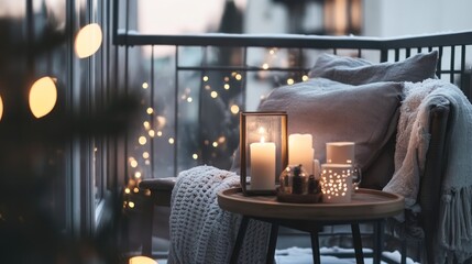 capture the quiet winter evenings with the serene and inviting ambiance of candles flickering gently on a cozy snow covered balcony