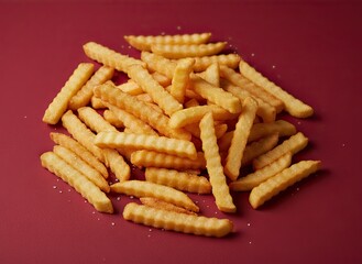 Golden Crinkle Cut French Fries Pile Sprinkled With Salt And Pepper On A Dark Red Background With Studio Lighting