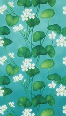 Delicate White Flowers Bloom on Lush Green Stems Against a Textured Teal Background with Subtle Sparkle