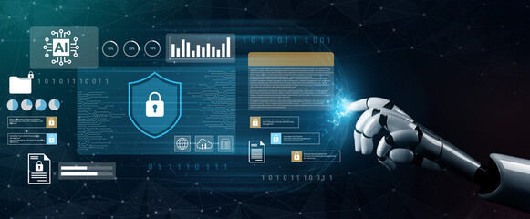 A futuristic robotic hand interacts with a digital interface displaying security elements, data analytics, and advanced technology for innovation and protection. Gantry