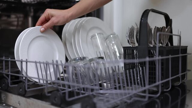 Dishwasher loading process with clean plates, glasses, and utensils arranged in a rack, showcasing organized dishware in a modern kitchen environment