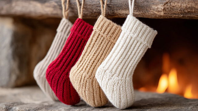 Cozy christmas scene with stockings hanging from rustic fireplace for holiday decor - Powered by Adobe