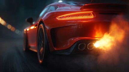 A sports car speeding down a dark road, leaving a fiery trail behind it. The sleek, red vehicle is a symbol of power and speed, a thrilling sight for any car enthusiast