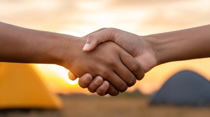 Fototapeta premium Camping, Business, Organization, Corporate Team Building Retreat: Business Group Handshake at Dawn Near Campsite, Unity and Trust Concept with Copy Space.