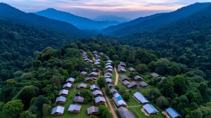 Camping, Business, Organization, Tranquil Business Camp Village Surrounded by Nature - Aerial Drone View