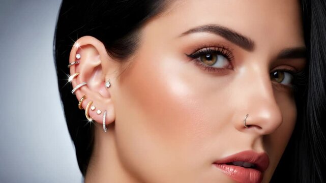 Woman with multiple ear and nose piercings showcasing body jewelry. Fashion and adornment with stylish facial modification.