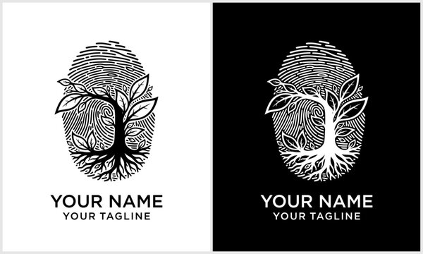 Fingerprint Tree Logo Design. Organic Biometric Identity Symbol for Nature Eco Security Brands logot.