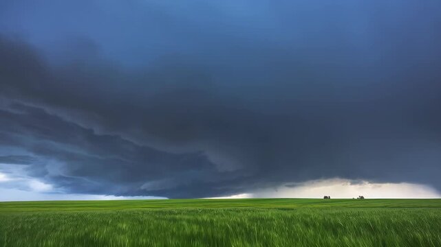Ominous Sky over Green Field: A dramatic skyscape dominates a vibrant green field, as heavy storm clouds gather, conveying a sense of foreboding and the raw power of nature.