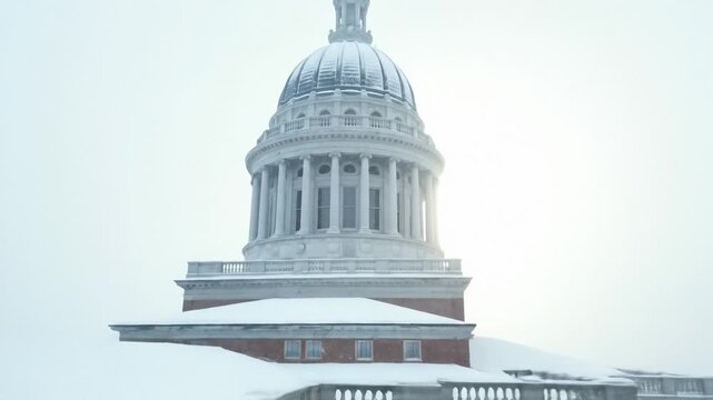Rhode Island State House Covered in Snow During Winter Storm
