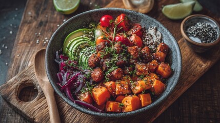 Colorful Healthy Bowl of Roasted Sweet Potatoes, Avocado, Tomatoes, Red Cabbage on Wooden Table with Lime and Herbs