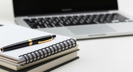 Modern office desk setup with laptop, notebook, and pen for productive work
