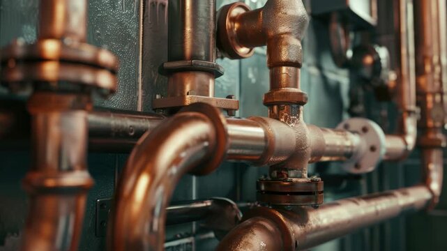 A group of rusted copper pipes connected together