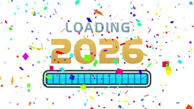 New Year countdown animation loading 2026 with progress bar replacing year on white background with gold orange confetti falling celebration concept