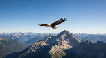 Bald eagle soaring over majestic mountain range under a clear blue sky.