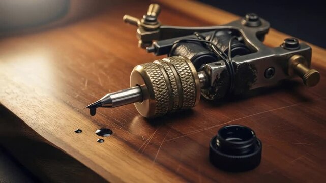 Tattoo machine needle with black ink dripping on a wood surface by an ink cap. Art of tattooing preparation and tool concept.