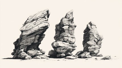 Fototapeta premium Graphite sketch of three rugged rock formations standing tall against a plain background
