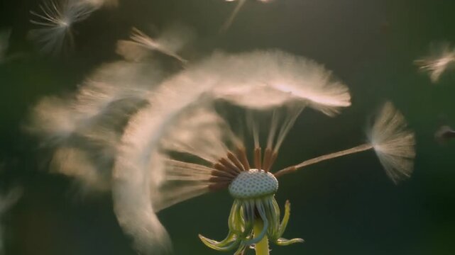 Close-up of dandelion seeds dispersing in sunlight with a soft bokeh background