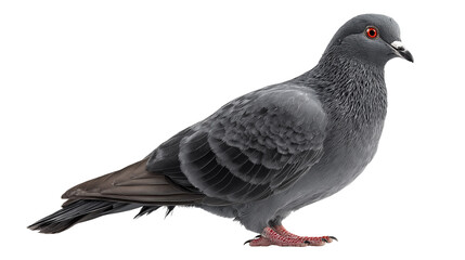 Pigeon isolated on white background or transparent png, showing gray feathers, rounded body, short beak, and calm urban bird presence.