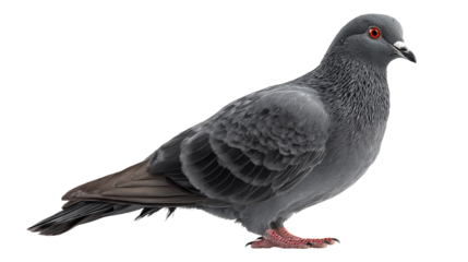 Pigeon isolated on white background or transparent png, showing gray feathers, rounded body, short beak, and calm urban bird presence.