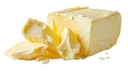 Big cubes of yellow butter isolated on white background or transparent png, showing smooth texture, rich color, and creamy consistency.