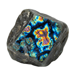 Rough labradorite rock, vibrant blue flash, grey, realistic feldspar, isolated on transparent background. Ideal for jewelry design, geology, crystal healing, luxury branding, education,