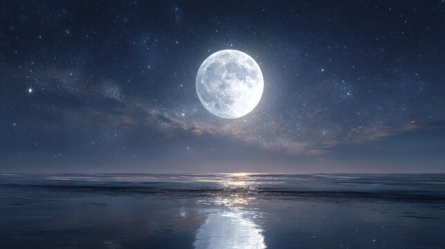 A luminous full moon reflecting on a serene ocean beneath a sparkling night sky, tranquil & dreamy