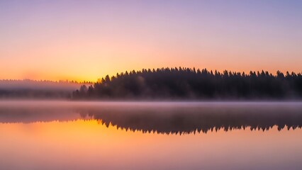 Fototapeta premium Serene lake landscape at dawn with misty forest reflection