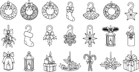 Obraz premium Christmas Ornaments Line Art Set: Festive Holiday Decor, Hand-Drawn Elements for Scrapbooking, Greeting Cards Crafts