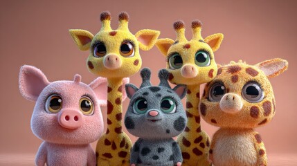 Adorable animated creatures, a piglet, giraffes and another animal, grouped together, rendered against a soft peach background
