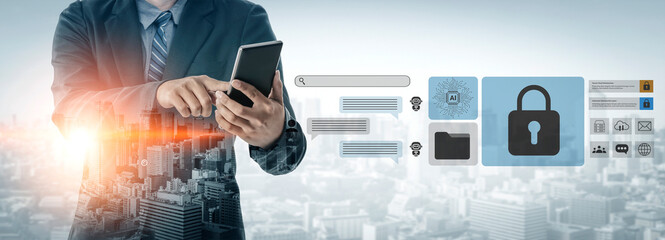 A businessman interacts with a tablet, showcasing digital security icons against a city skyline. This image captures the blend of technology and data protection in modern business. Gantry