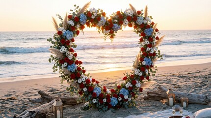 Heart Shaped Floral Wedding Arch on a Beach at Sunset